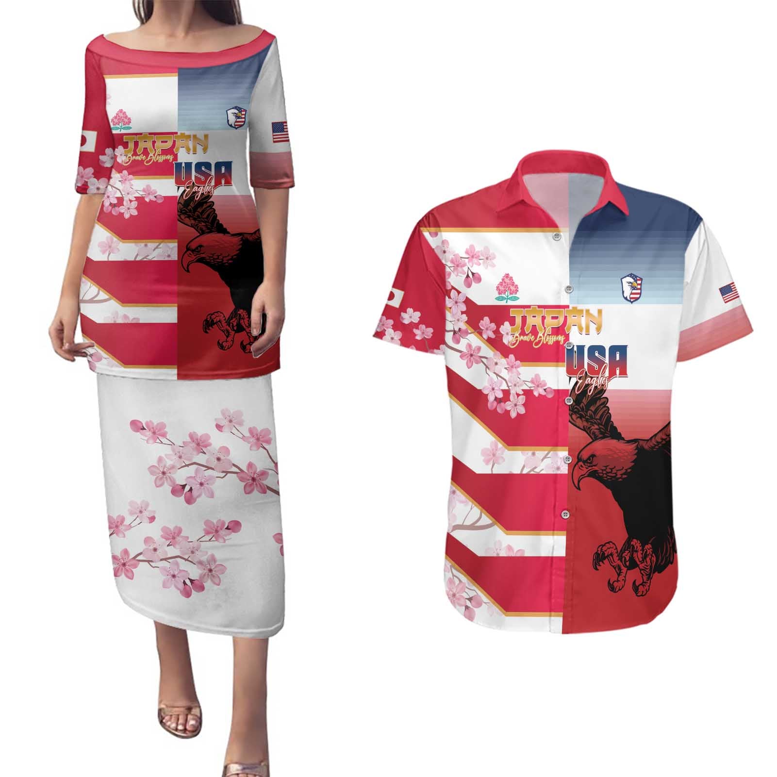 USA and Japan Rugby Custom Couples Matching Puletasi and Hawaiian Shirt Eagles Brave Blossoms Together Pacific - Wonder Print Shop
