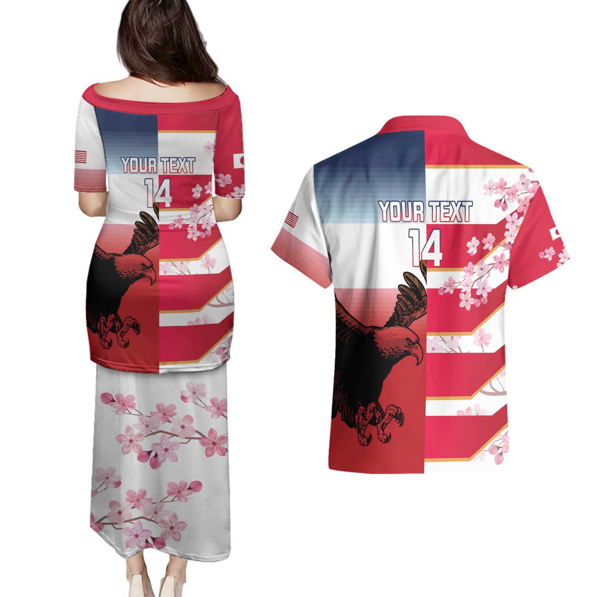USA and Japan Rugby Custom Couples Matching Puletasi and Hawaiian Shirt Eagles Brave Blossoms Together Pacific - Wonder Print Shop