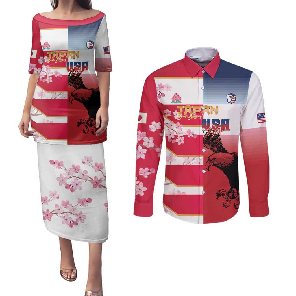 USA and Japan Rugby Custom Couples Matching Puletasi and Long Sleeve Button Shirt Eagles Brave Blossoms Together Pacific - Wonder Print Shop