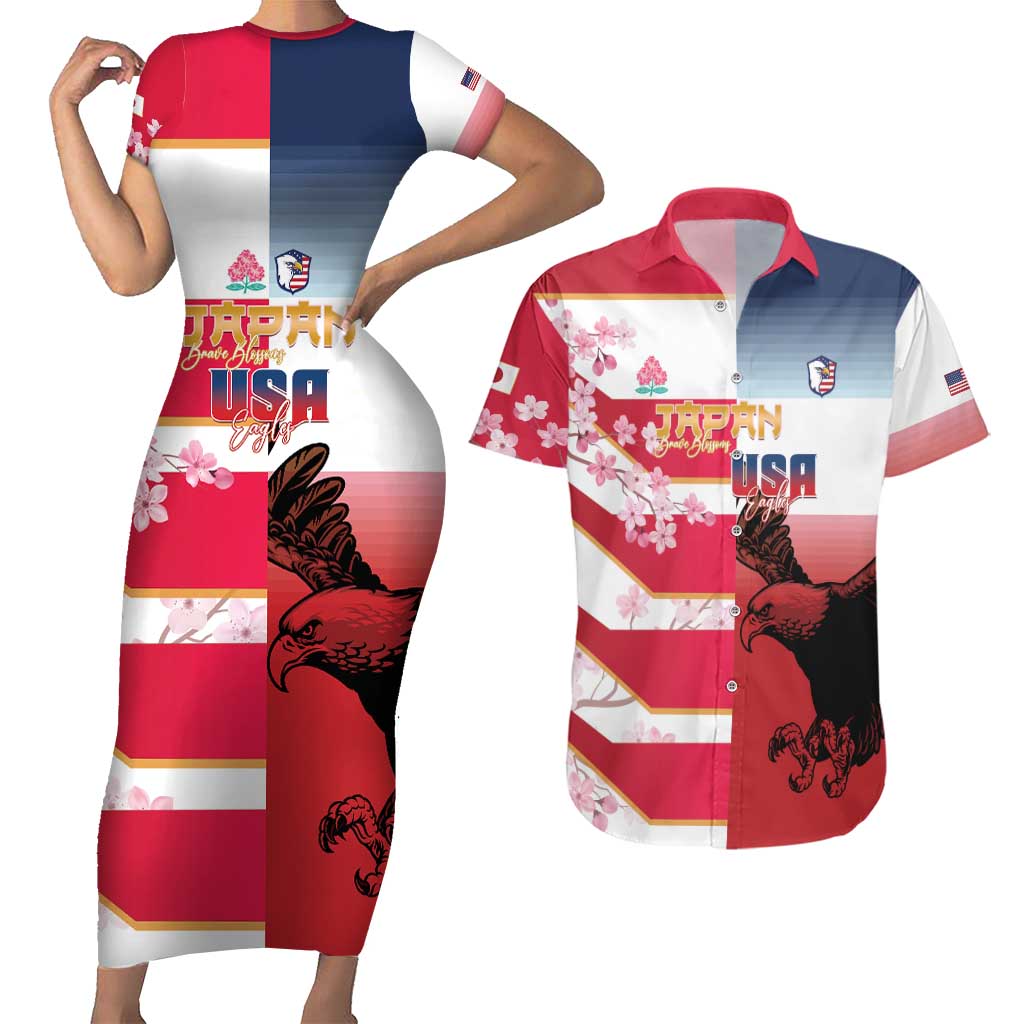USA and Japan Rugby Custom Couples Matching Short Sleeve Bodycon Dress and Hawaiian Shirt Eagles Brave Blossoms Together Pacific - Wonder Print Shop