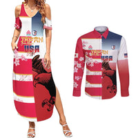 USA and Japan Rugby Custom Couples Matching Summer Maxi Dress and Long Sleeve Button Shirt Eagles Brave Blossoms Together Pacific - Wonder Print Shop