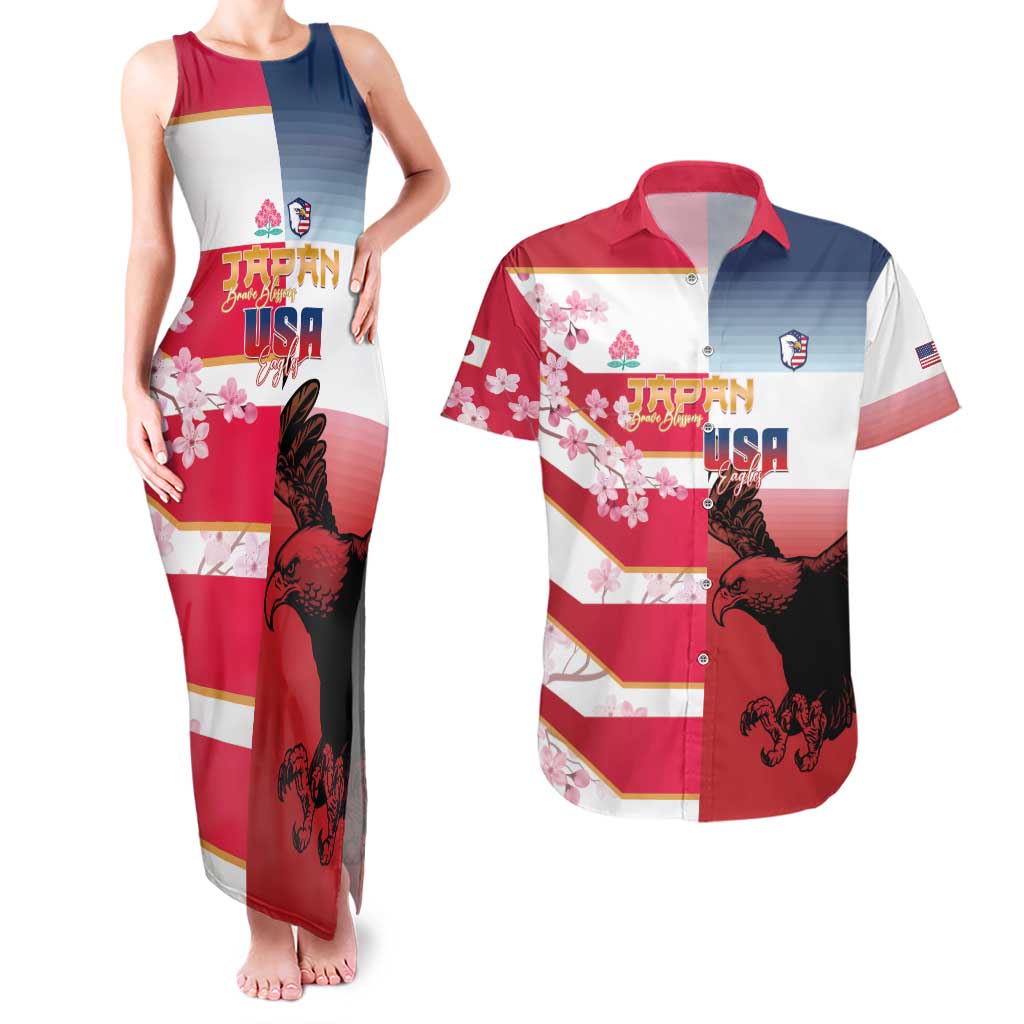 USA and Japan Rugby Custom Couples Matching Tank Maxi Dress and Hawaiian Shirt Eagles Brave Blossoms Together Pacific - Wonder Print Shop