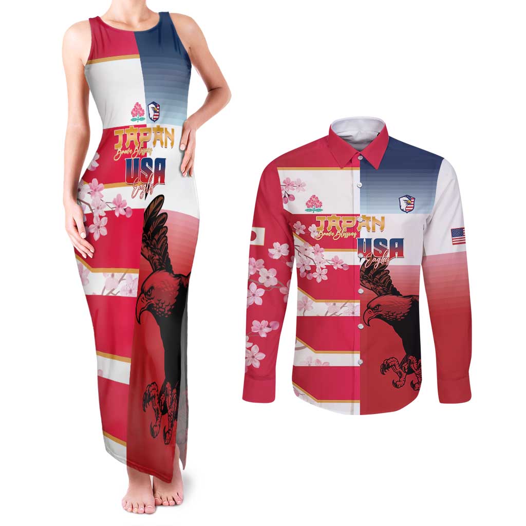 USA and Japan Rugby Custom Couples Matching Tank Maxi Dress and Long Sleeve Button Shirt Eagles Brave Blossoms Together Pacific - Wonder Print Shop