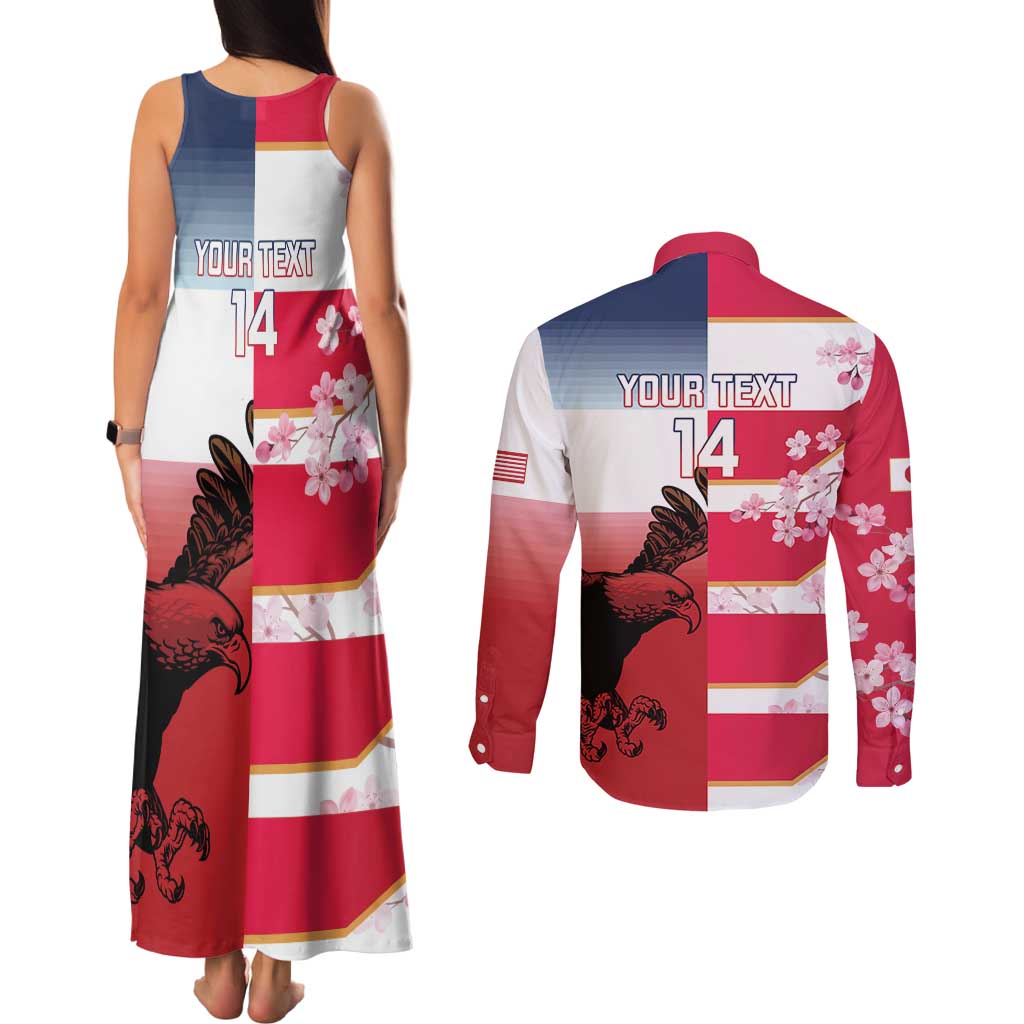 USA and Japan Rugby Custom Couples Matching Tank Maxi Dress and Long Sleeve Button Shirt Eagles Brave Blossoms Together Pacific - Wonder Print Shop