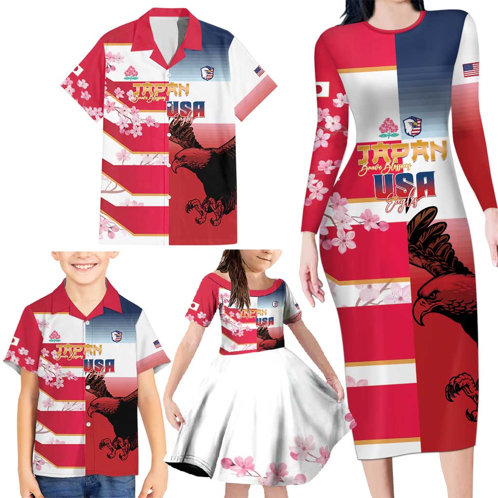 USA and Japan Rugby Custom Family Matching Long Sleeve Bodycon Dress and Hawaiian Shirt Eagles Brave Blossoms Together Pacific - Wonder Print Shop