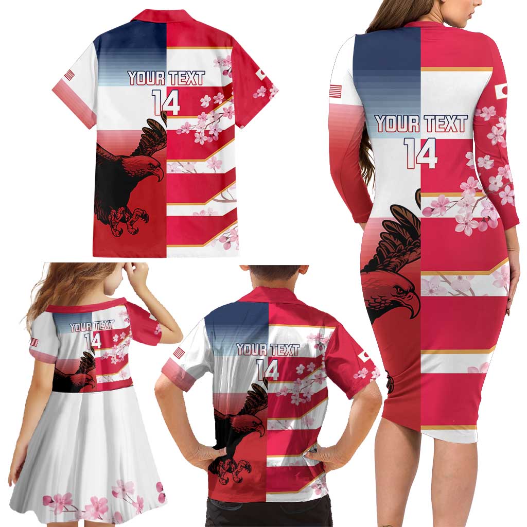 USA and Japan Rugby Custom Family Matching Long Sleeve Bodycon Dress and Hawaiian Shirt Eagles Brave Blossoms Together Pacific - Wonder Print Shop