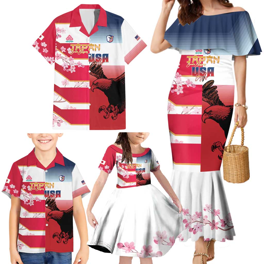 USA and Japan Rugby Custom Family Matching Mermaid Dress and Hawaiian Shirt Eagles Brave Blossoms Together Pacific - Wonder Print Shop