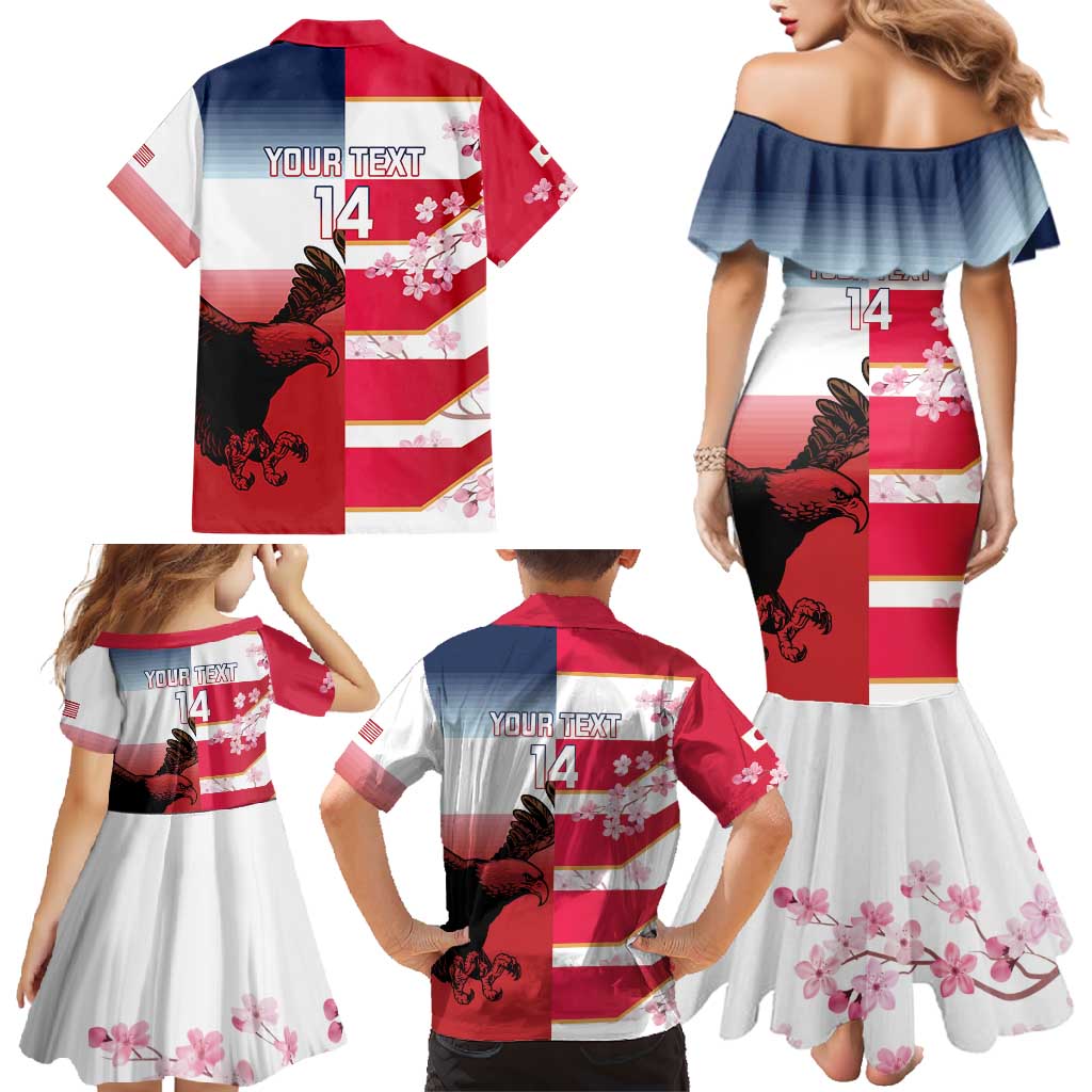 USA and Japan Rugby Custom Family Matching Mermaid Dress and Hawaiian Shirt Eagles Brave Blossoms Together Pacific - Wonder Print Shop