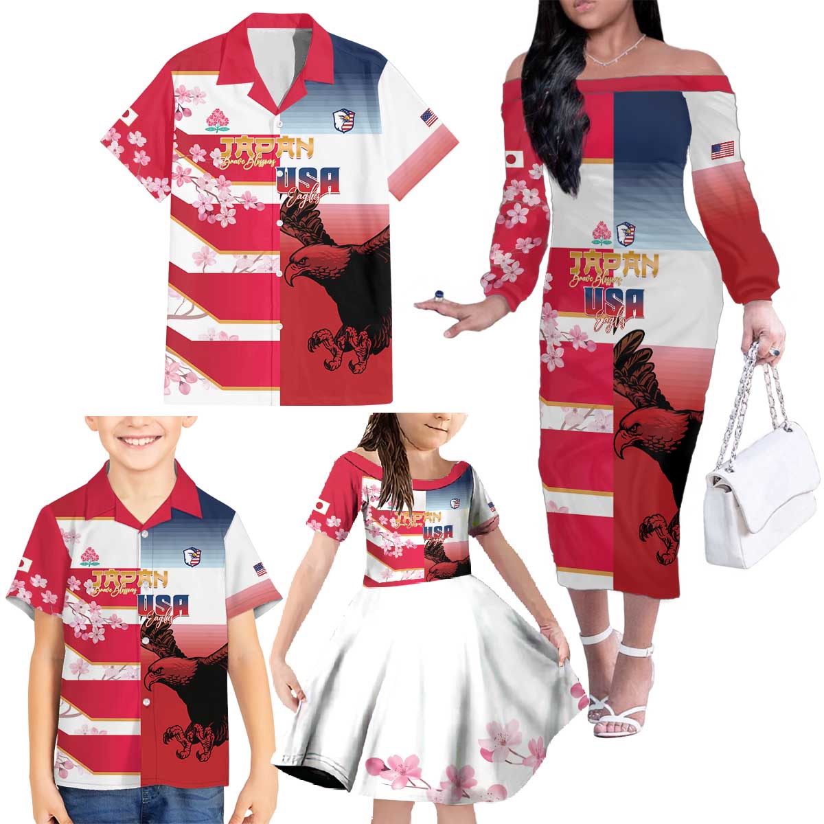 USA and Japan Rugby Custom Family Matching Off The Shoulder Long Sleeve Dress and Hawaiian Shirt Eagles Brave Blossoms Together Pacific - Wonder Print Shop
