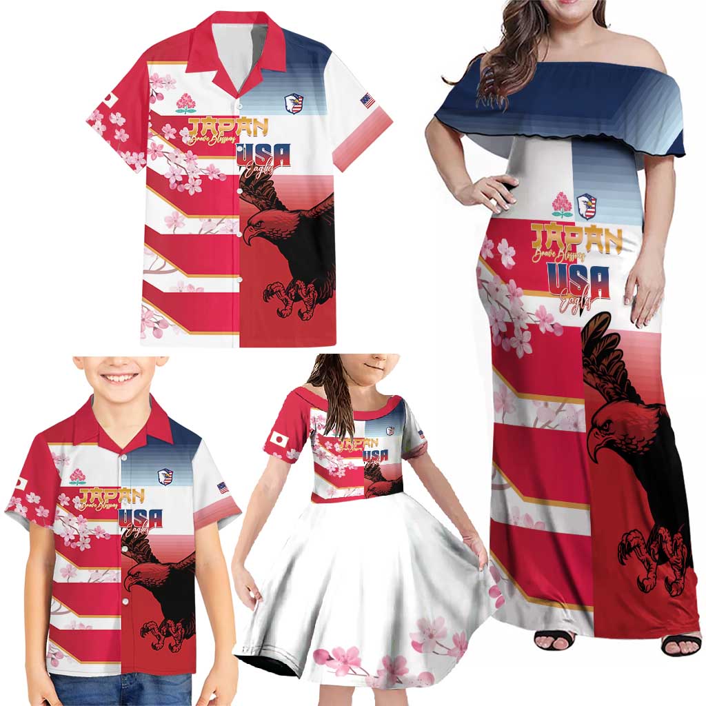 USA and Japan Rugby Custom Family Matching Off Shoulder Maxi Dress and Hawaiian Shirt Eagles Brave Blossoms Together Pacific - Wonder Print Shop