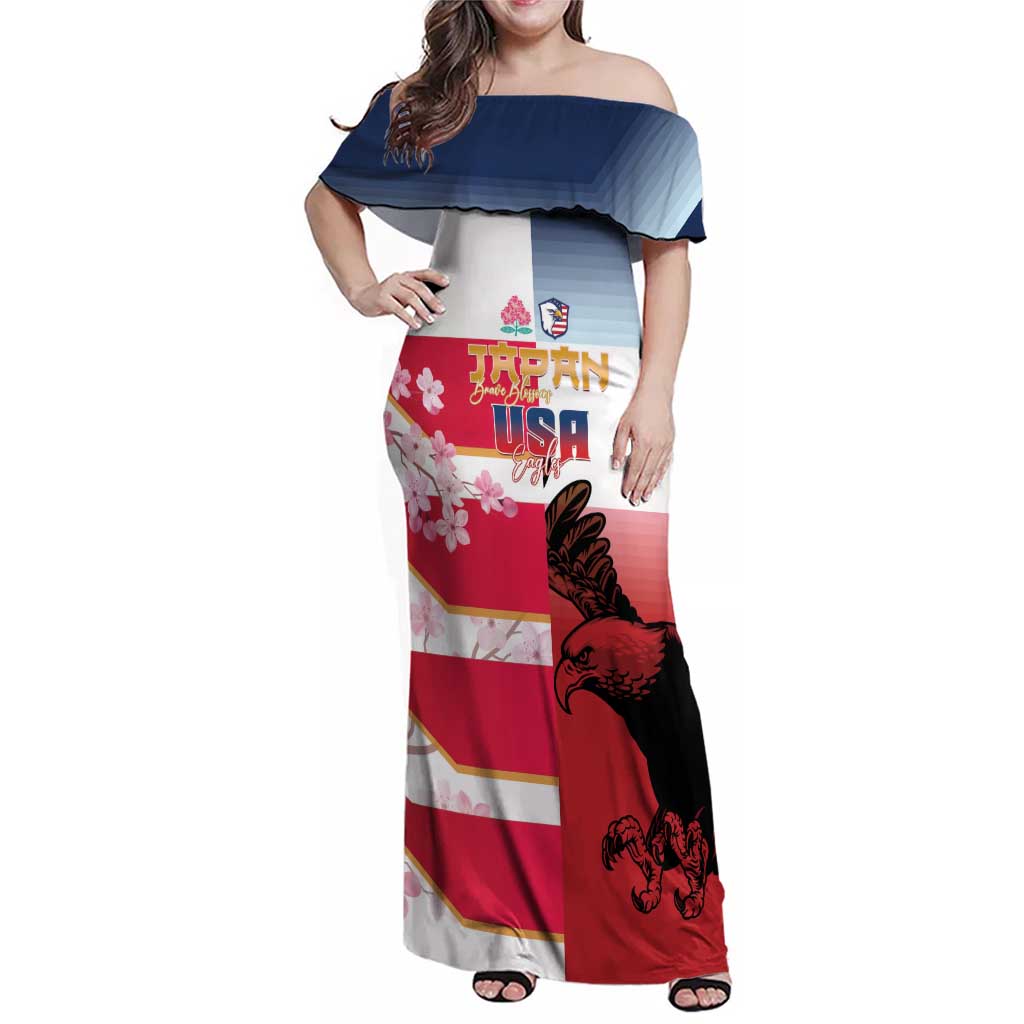 USA and Japan Rugby Custom Family Matching Off Shoulder Maxi Dress and Hawaiian Shirt Eagles Brave Blossoms Together Pacific - Wonder Print Shop