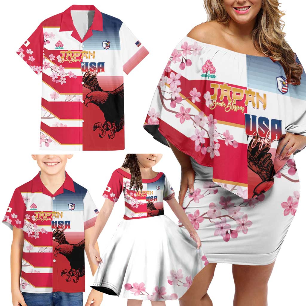 USA and Japan Rugby Custom Family Matching Off Shoulder Short Dress and Hawaiian Shirt Eagles Brave Blossoms Together Pacific - Wonder Print Shop