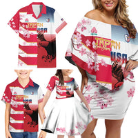 USA and Japan Rugby Custom Family Matching Off Shoulder Short Dress and Hawaiian Shirt Eagles Brave Blossoms Together Pacific - Wonder Print Shop