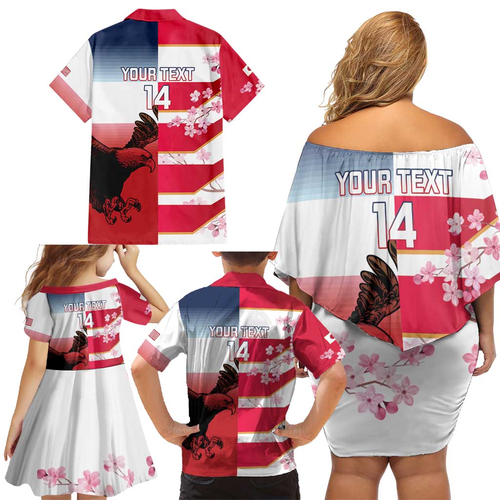 USA and Japan Rugby Custom Family Matching Off Shoulder Short Dress and Hawaiian Shirt Eagles Brave Blossoms Together Pacific - Wonder Print Shop