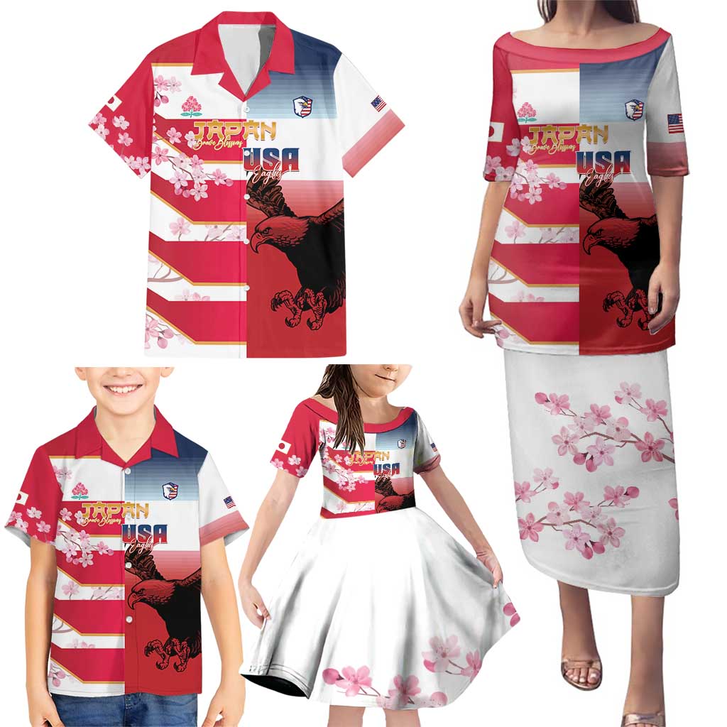 USA and Japan Rugby Custom Family Matching Puletasi and Hawaiian Shirt Eagles Brave Blossoms Together Pacific - Wonder Print Shop