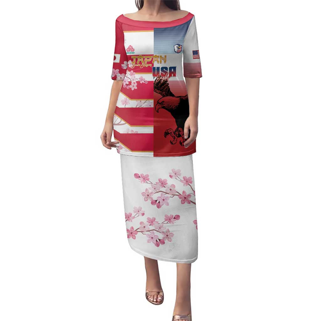 USA and Japan Rugby Custom Family Matching Puletasi and Hawaiian Shirt Eagles Brave Blossoms Together Pacific - Wonder Print Shop