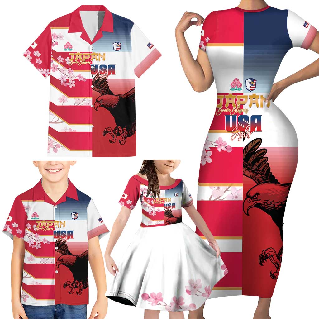 USA and Japan Rugby Custom Family Matching Short Sleeve Bodycon Dress and Hawaiian Shirt Eagles Brave Blossoms Together Pacific - Wonder Print Shop