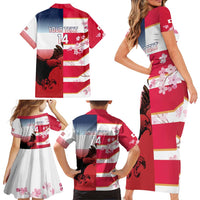 USA and Japan Rugby Custom Family Matching Short Sleeve Bodycon Dress and Hawaiian Shirt Eagles Brave Blossoms Together Pacific - Wonder Print Shop