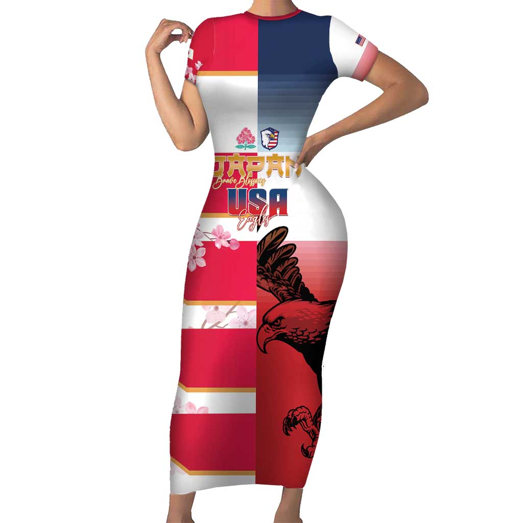 USA and Japan Rugby Custom Family Matching Short Sleeve Bodycon Dress and Hawaiian Shirt Eagles Brave Blossoms Together Pacific - Wonder Print Shop
