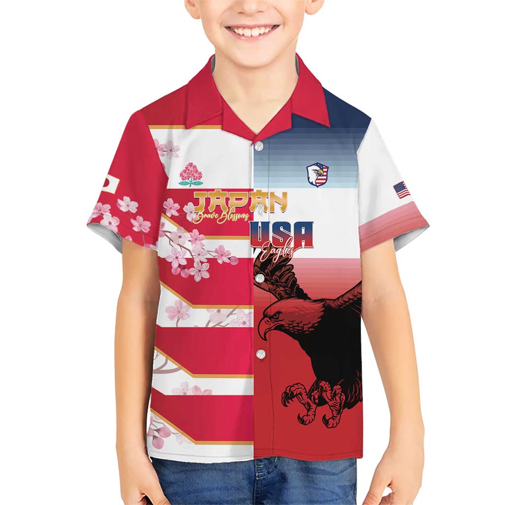 USA and Japan Rugby Custom Family Matching Short Sleeve Bodycon Dress and Hawaiian Shirt Eagles Brave Blossoms Together Pacific - Wonder Print Shop