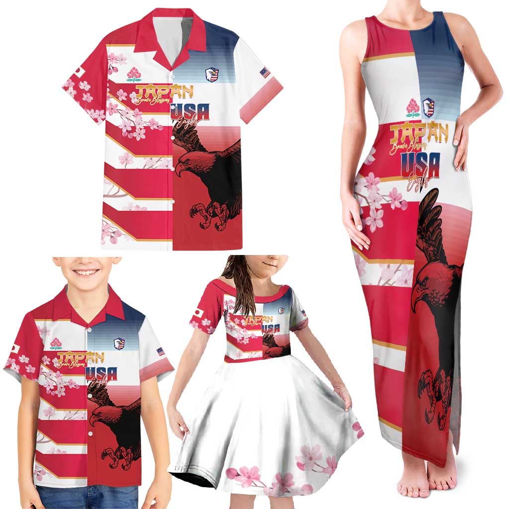 USA and Japan Rugby Custom Family Matching Tank Maxi Dress and Hawaiian Shirt Eagles Brave Blossoms Together Pacific - Wonder Print Shop