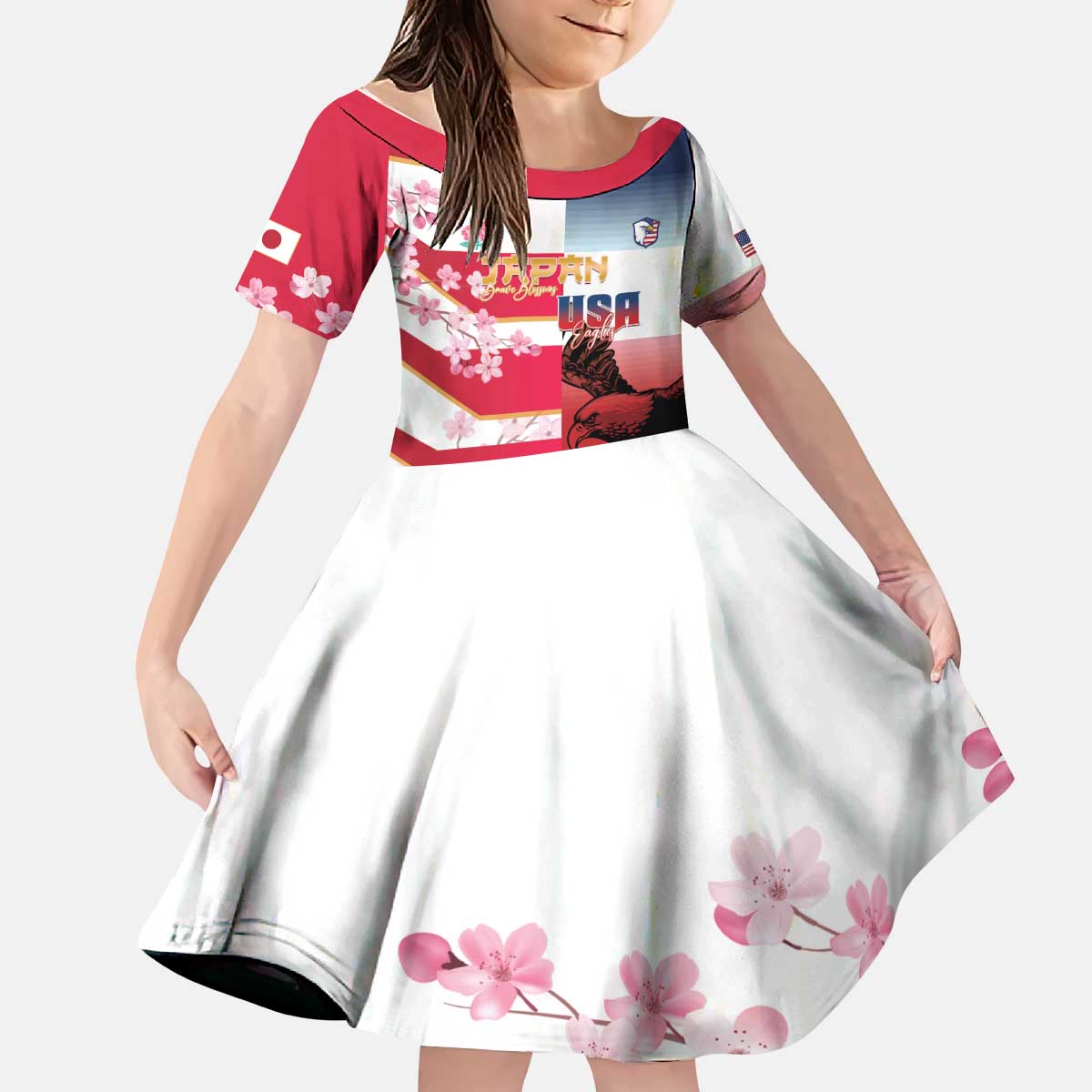 USA and Japan Rugby Custom Kid Short Sleeve Dress Eagles Brave Blossoms Together Pacific - Wonder Print Shop