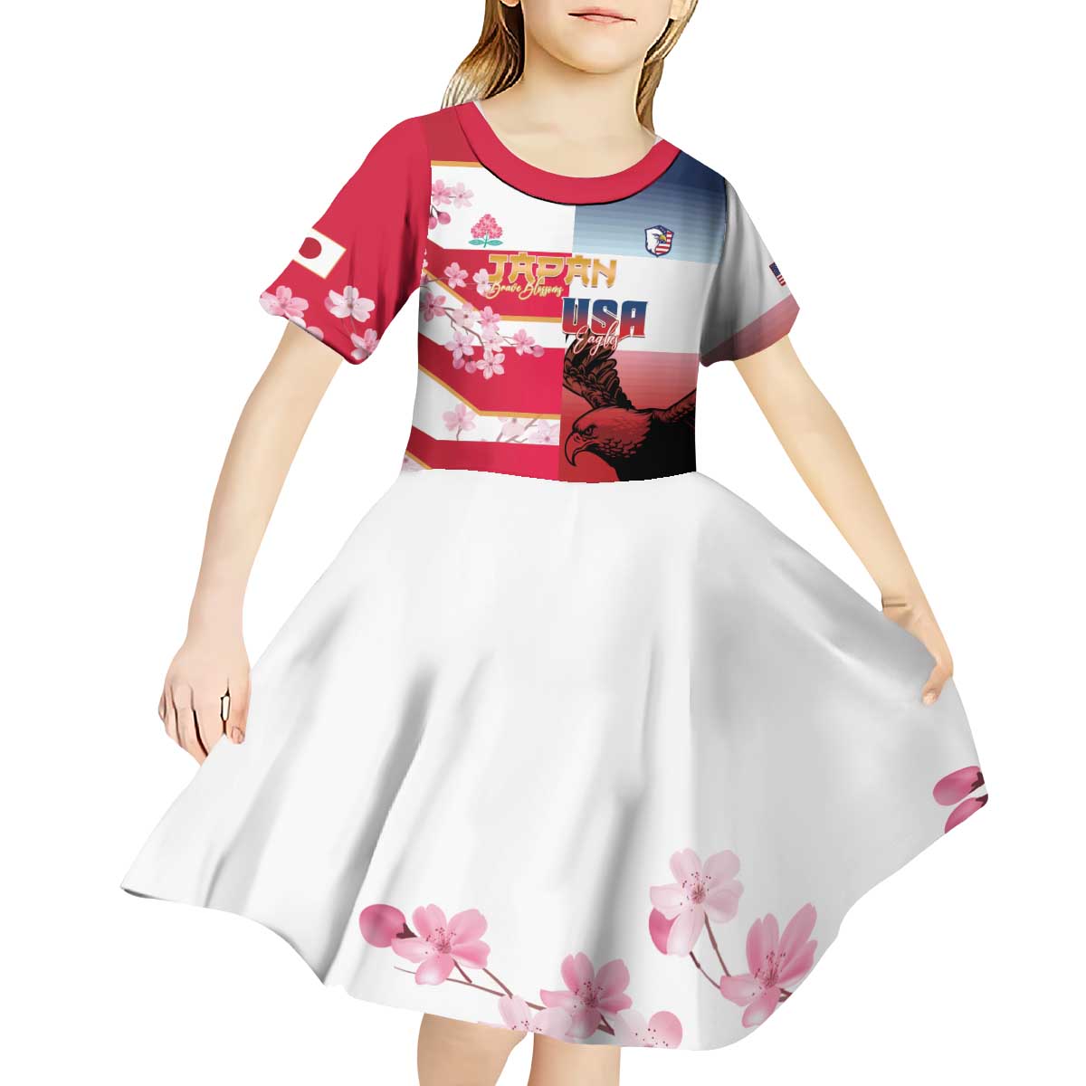 USA and Japan Rugby Custom Kid Short Sleeve Dress Eagles Brave Blossoms Together Pacific - Wonder Print Shop
