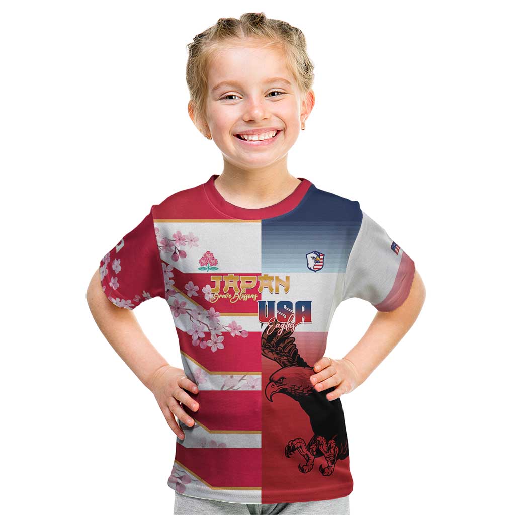 USA and Japan Rugby Custom Kid T Shirt Eagles Brave Blossoms Together Pacific - Wonder Print Shop