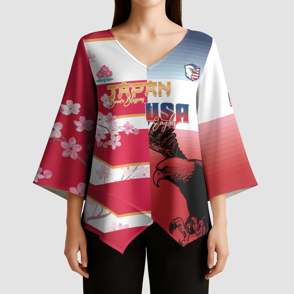 USA and Japan Rugby Custom Kimono Sleeve Blouse Eagles Brave Blossoms Together Pacific - Wonder Print Shop