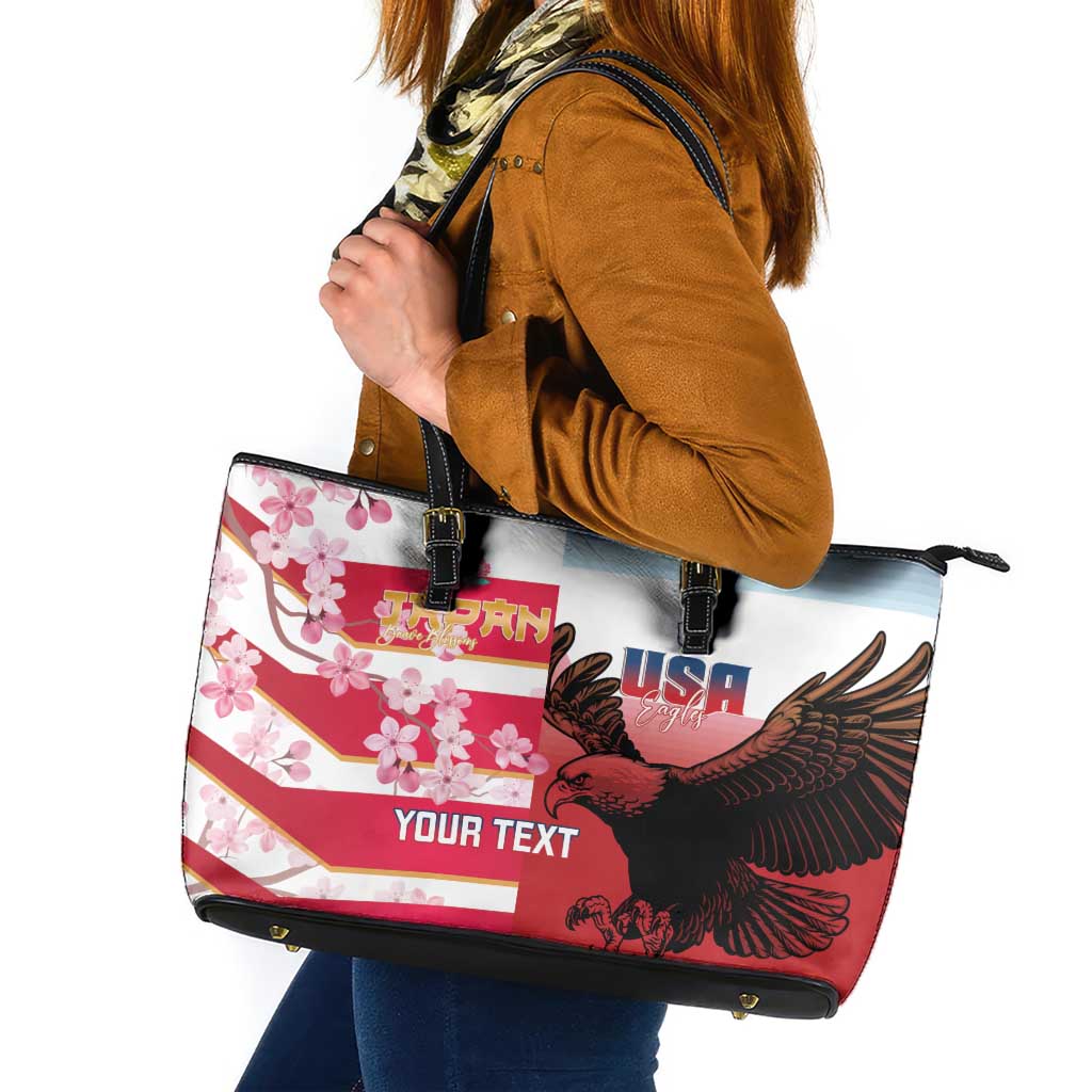 USA and Japan Rugby Custom Leather Tote Bag Eagles Brave Blossoms Together Pacific - Wonder Print Shop
