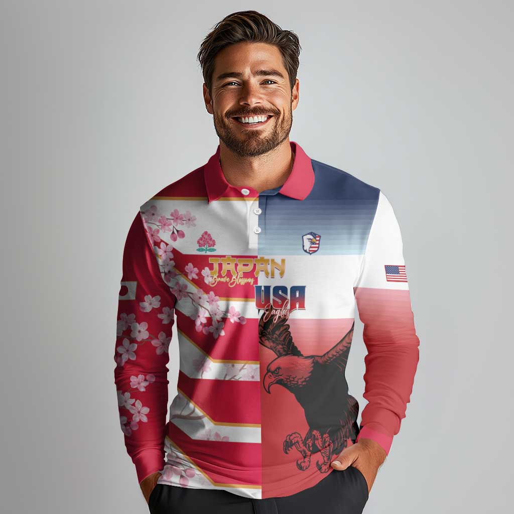 USA and Japan Rugby Custom Long Sleeve Polo Shirt Eagles Brave Blossoms Together Pacific - Wonder Print Shop