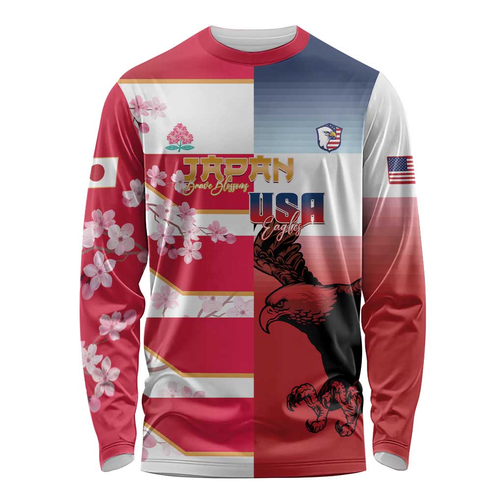 USA and Japan Rugby Custom Long Sleeve Shirt Eagles Brave Blossoms Together Pacific - Wonder Print Shop