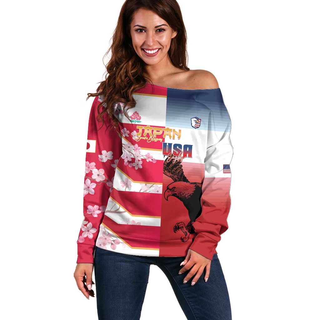 USA and Japan Rugby Custom Off Shoulder Sweater Eagles Brave Blossoms Together Pacific - Wonder Print Shop