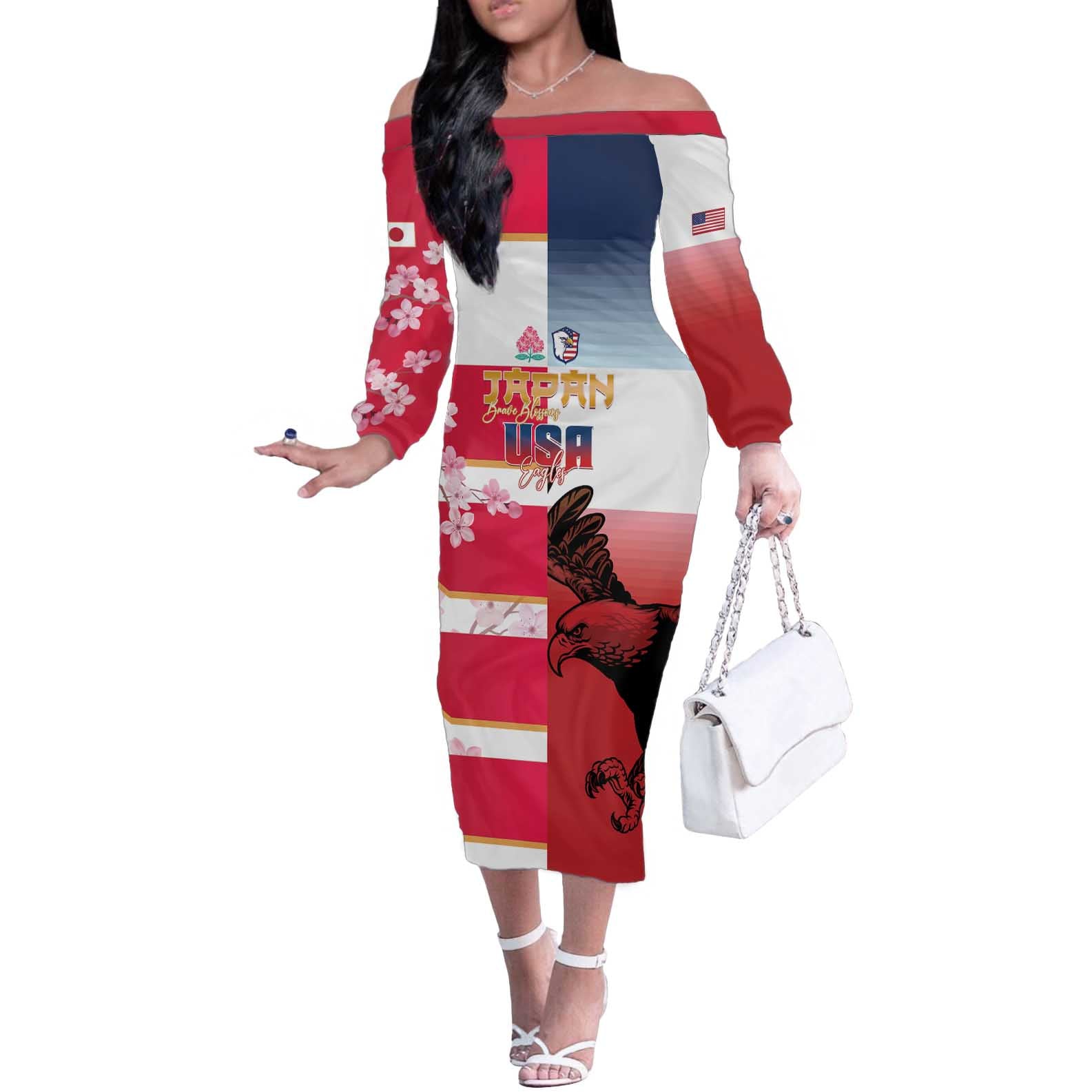 USA and Japan Rugby Custom Off The Shoulder Long Sleeve Dress Eagles Brave Blossoms Together Pacific - Wonder Print Shop