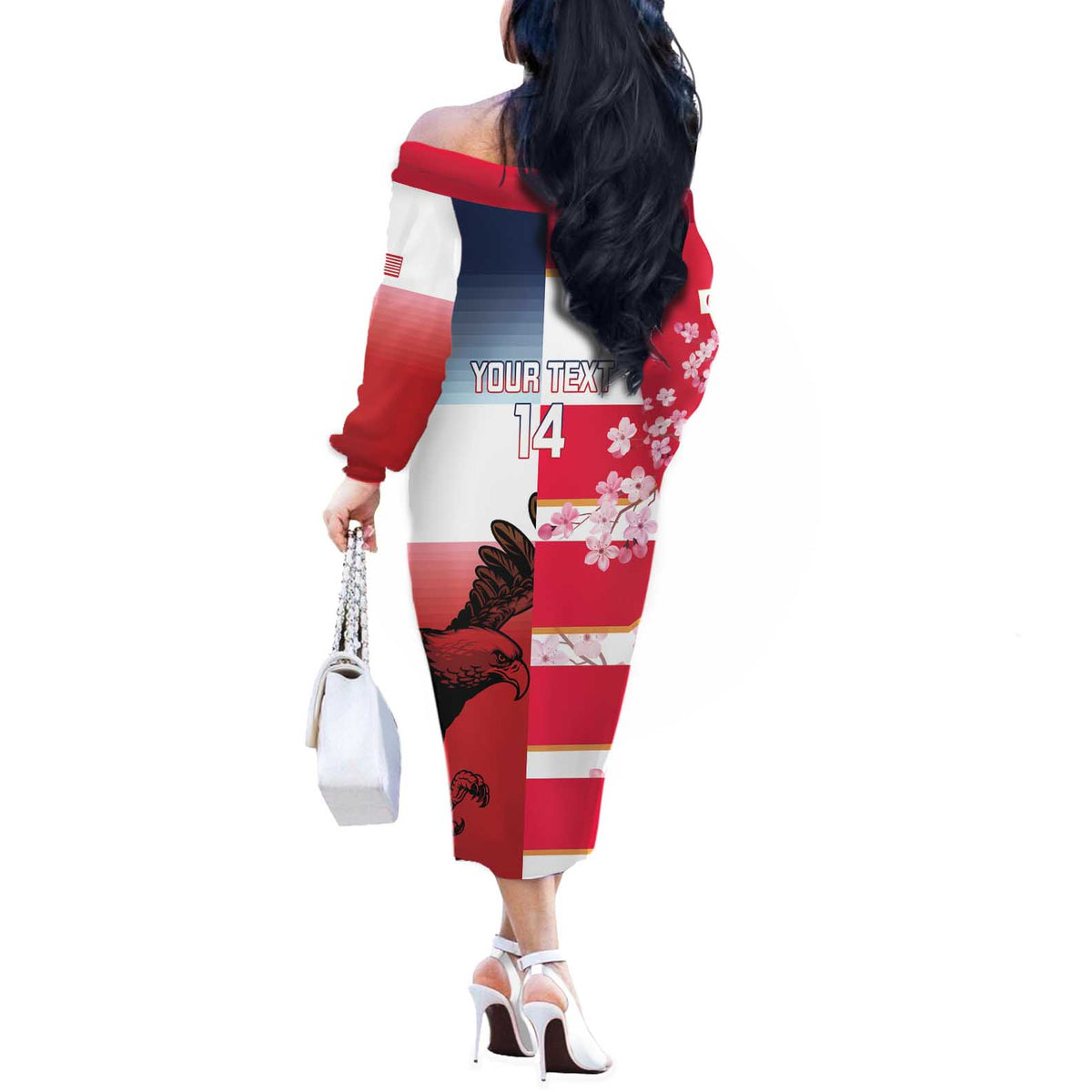 USA and Japan Rugby Custom Off The Shoulder Long Sleeve Dress Eagles Brave Blossoms Together Pacific - Wonder Print Shop