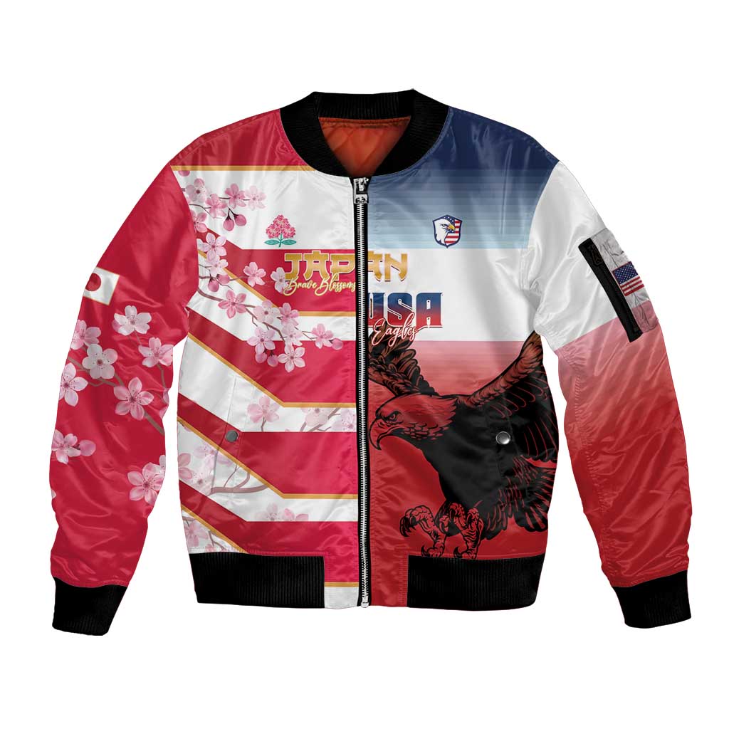 USA and Japan Rugby Custom Sleeve Zip Bomber Jacket Eagles Brave Blossoms Together Pacific - Wonder Print Shop