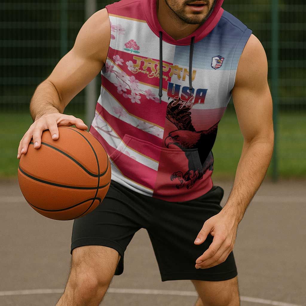 USA and Japan Rugby Custom Sleeveless Hoodie Eagles Brave Blossoms Together Pacific - Wonder Print Shop