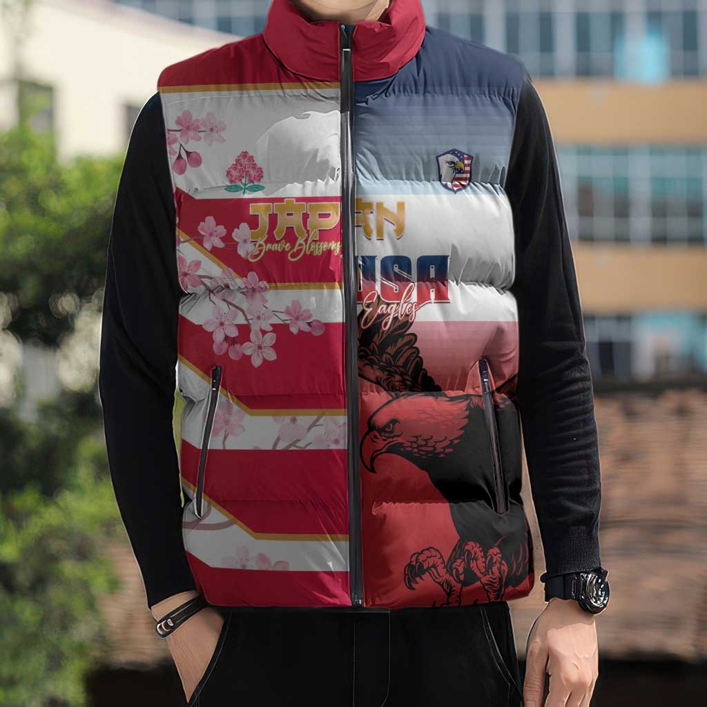USA and Japan Rugby Custom Sleeveless Puffer Jacket Eagles Brave Blossoms Together Pacific - Wonder Print Shop