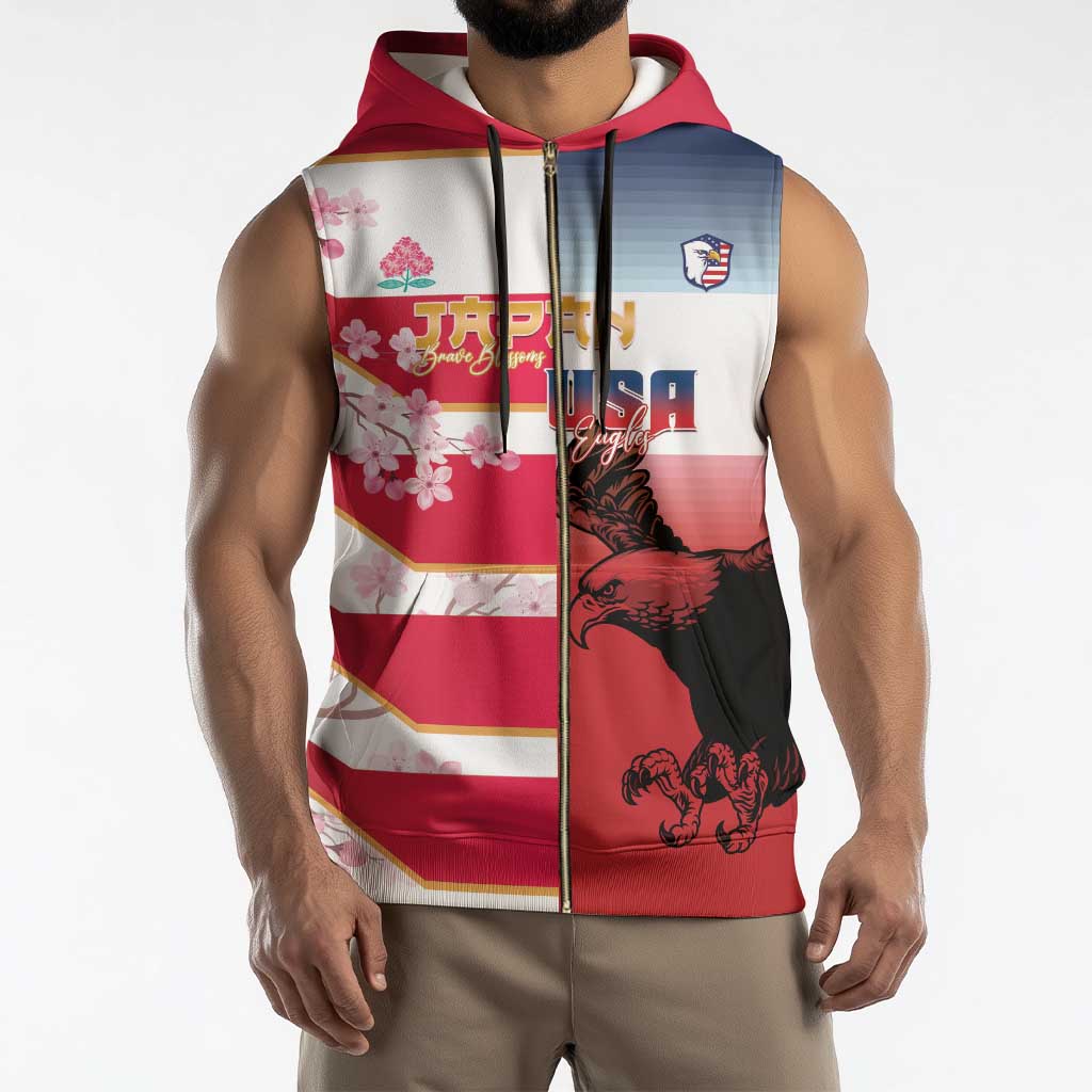 USA and Japan Rugby Custom Sleeveless Zip Hoodie Eagles Brave Blossoms Together Pacific - Wonder Print Shop