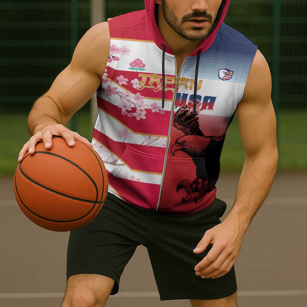 USA and Japan Rugby Custom Sleeveless Zip Hoodie Eagles Brave Blossoms Together Pacific - Wonder Print Shop