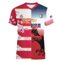 USA and Japan Rugby Custom Women V-Neck T-Shirt Eagles Brave Blossoms Together Pacific - Wonder Print Shop