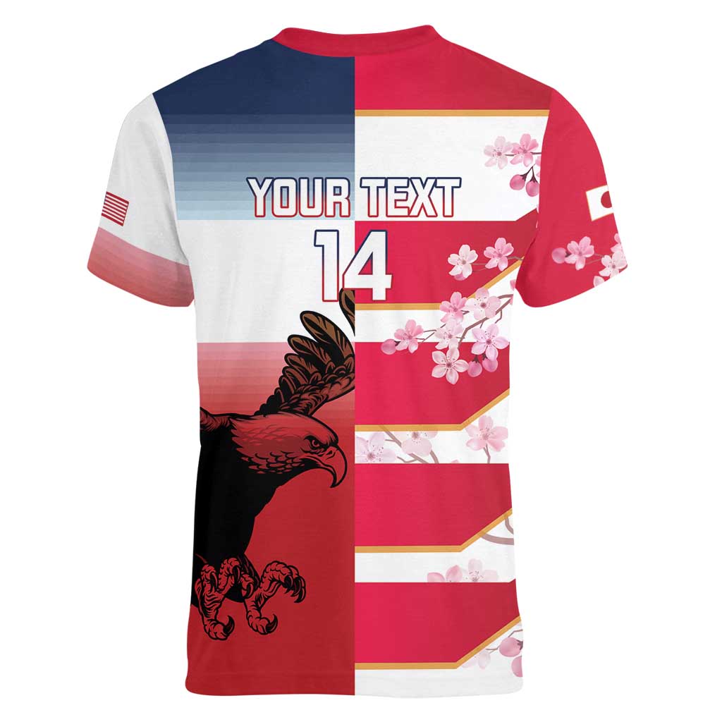 USA and Japan Rugby Custom Women V-Neck T-Shirt Eagles Brave Blossoms Together Pacific - Wonder Print Shop