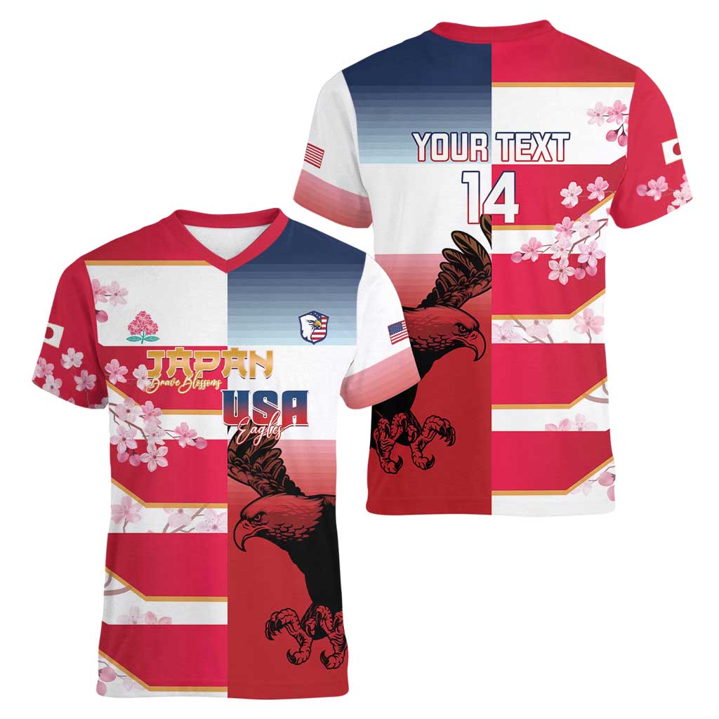 USA and Japan Rugby Custom Women V-Neck T-Shirt Eagles Brave Blossoms Together Pacific - Wonder Print Shop