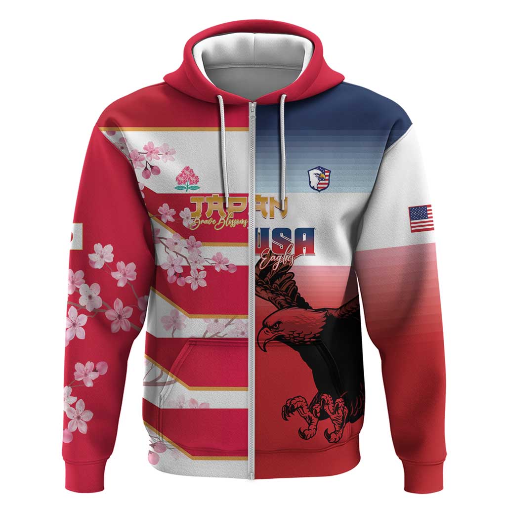 USA and Japan Rugby Custom Zip Hoodie Eagles Brave Blossoms Together Pacific - Wonder Print Shop