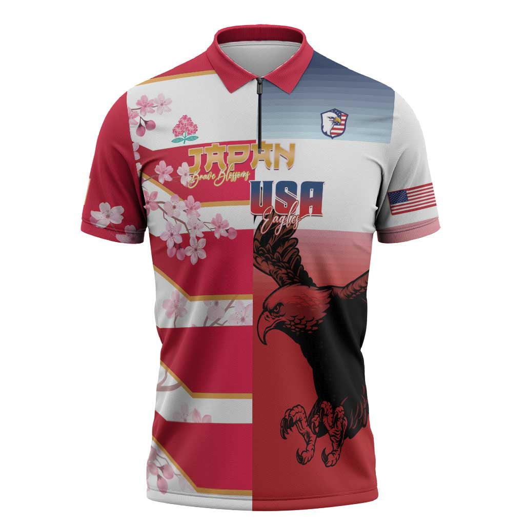USA and Japan Rugby Custom Zipper Polo Shirt Eagles Brave Blossoms Together Pacific - Wonder Print Shop
