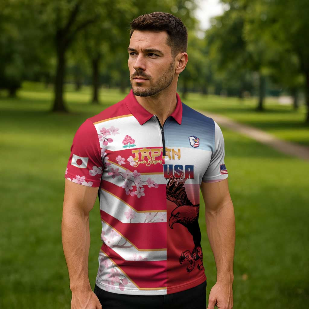 USA and Japan Rugby Custom Zipper Polo Shirt Eagles Brave Blossoms Together Pacific - Wonder Print Shop