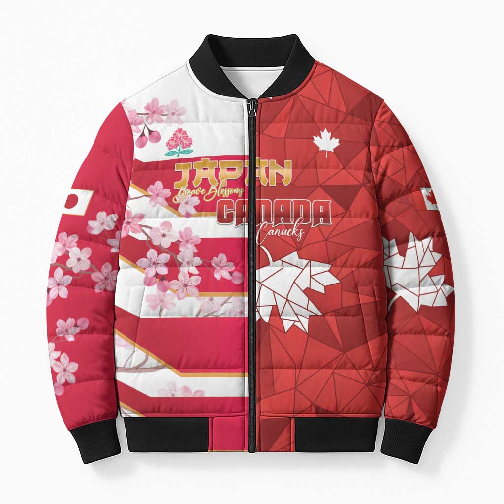 Canada and Japan Rugby Custom Bomber Puffer Jacket Canucks Brave Blossoms Together Pacific - Wonder Print Shop