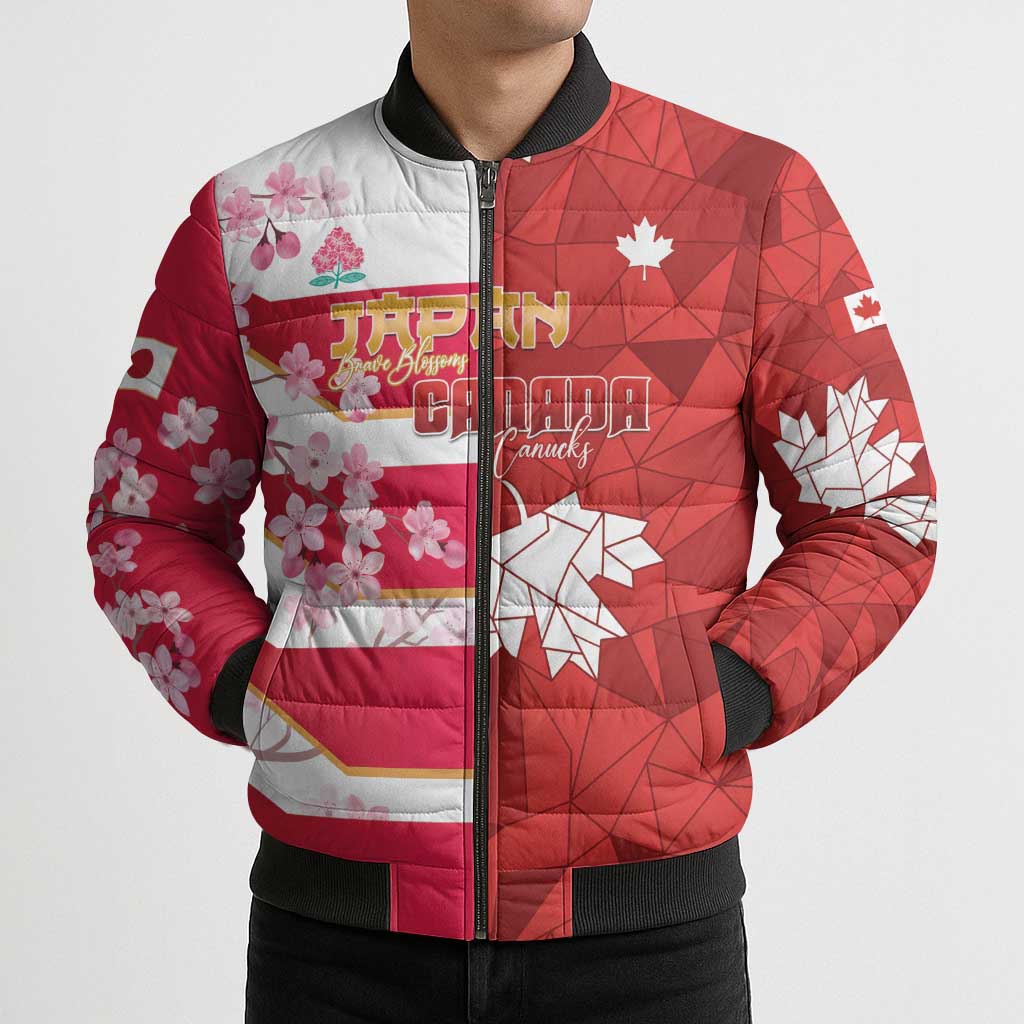 Canada and Japan Rugby Custom Bomber Puffer Jacket Canucks Brave Blossoms Together Pacific - Wonder Print Shop