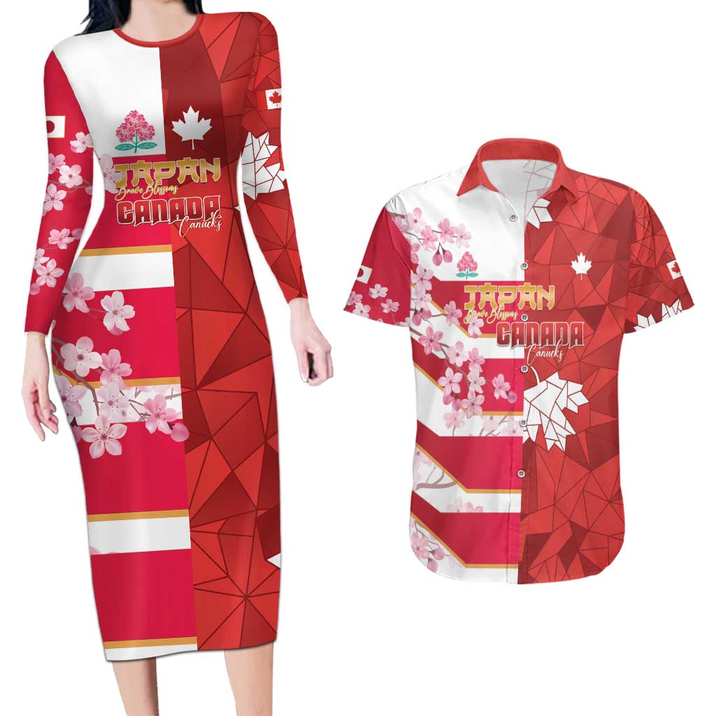 Canada and Japan Rugby Custom Couples Matching Long Sleeve Bodycon Dress and Hawaiian Shirt Canucks Brave Blossoms Together Pacific - Wonder Print Shop