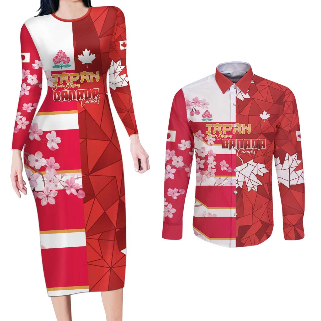 Canada and Japan Rugby Custom Couples Matching Long Sleeve Bodycon Dress and Long Sleeve Button Shirt Canucks Brave Blossoms Together Pacific - Wonder Print Shop